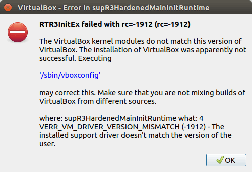 the virtualbox kernel modules do not match this version of Virtualbox