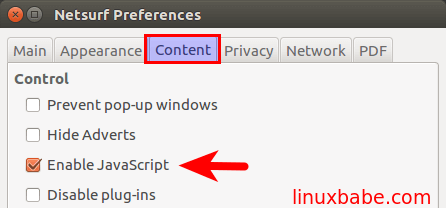 enable JavaScript in NetSurf Browser