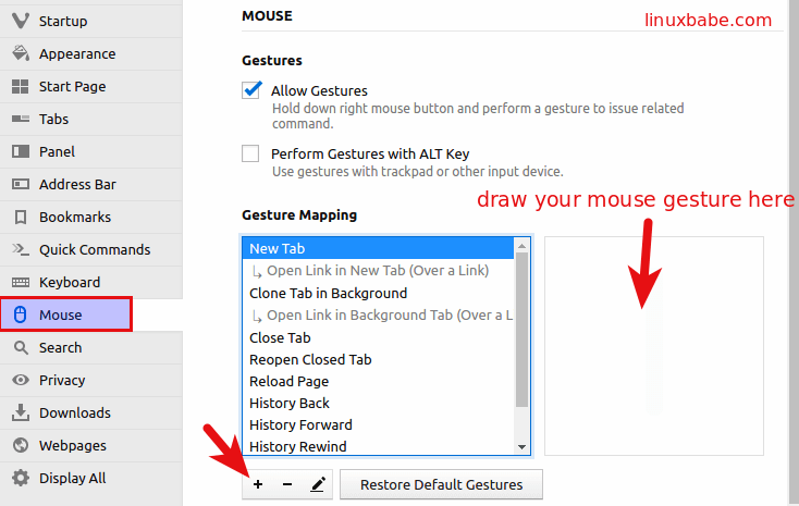Vivaldi 1.2 make your own mouse gesture