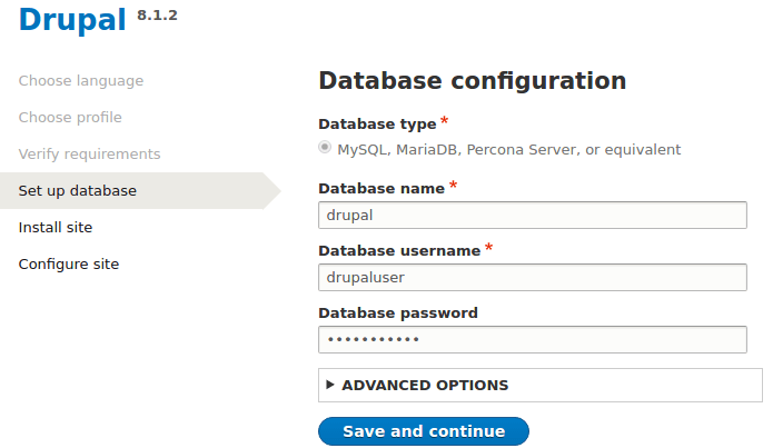 drupal 8 connect with mariadb database