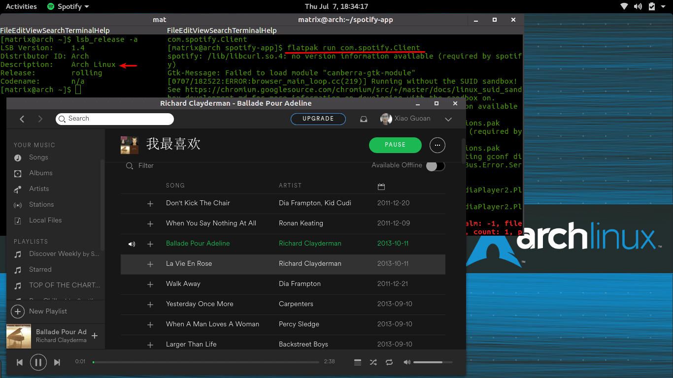 Spotify Flatpak App running on Arch Linux