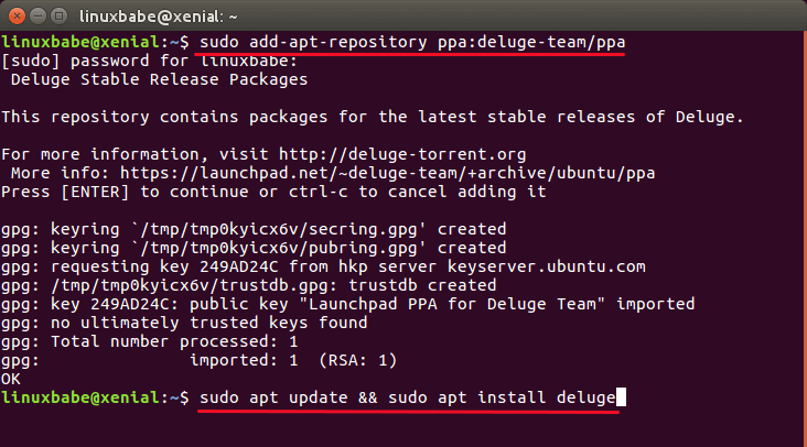 install latest deluge on ubuntu 16.04 LTS