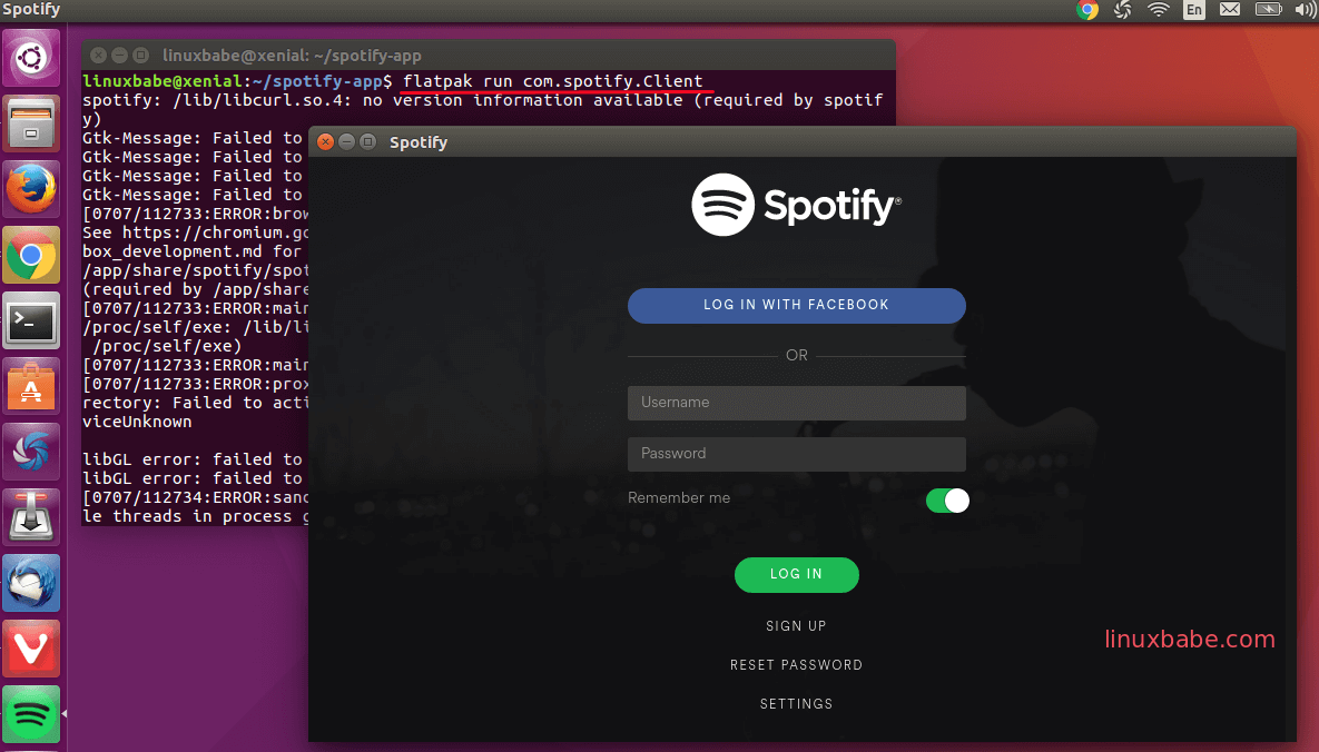 spotify flatpak app running on ubuntu 16.04