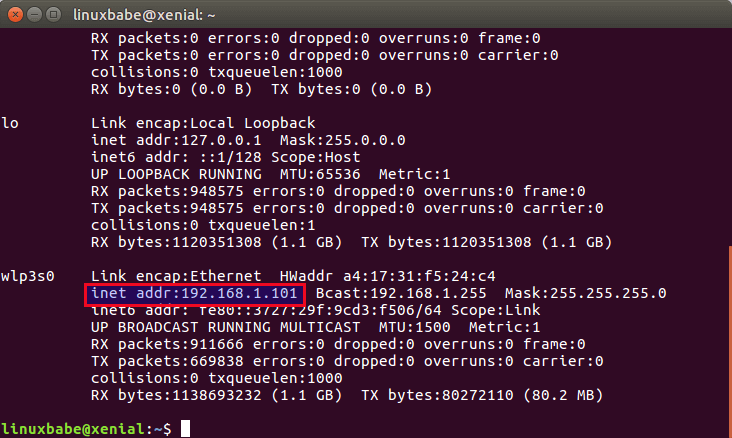 ifconfig find IP address on ubuntu