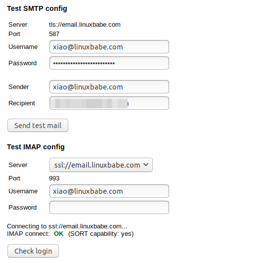 roundcube installer test SMTP and IMAP