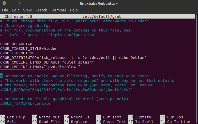 Disable IPv6 on Ubuntu via GRUB Boot Loader
