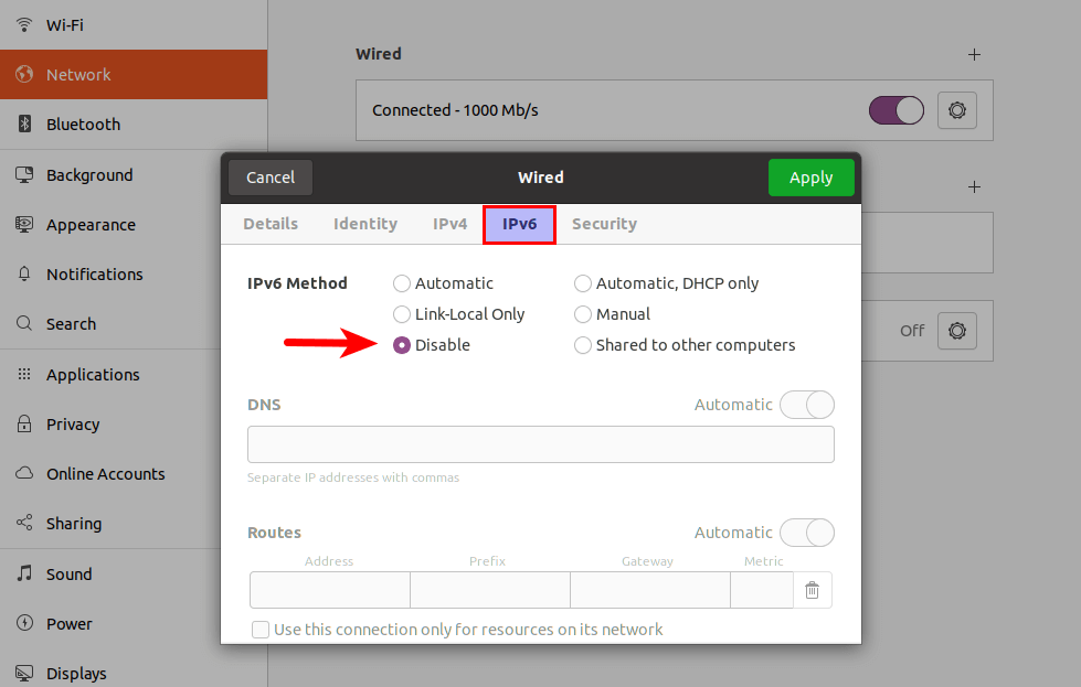 disable ipv6 in network manager