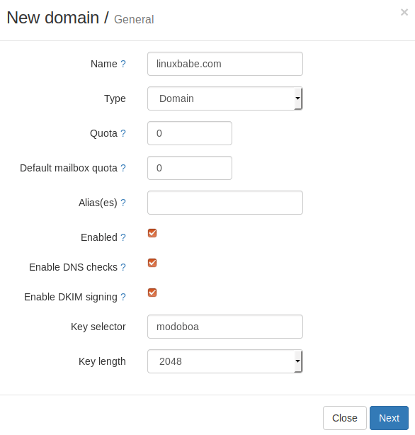adding domain name in modoboa