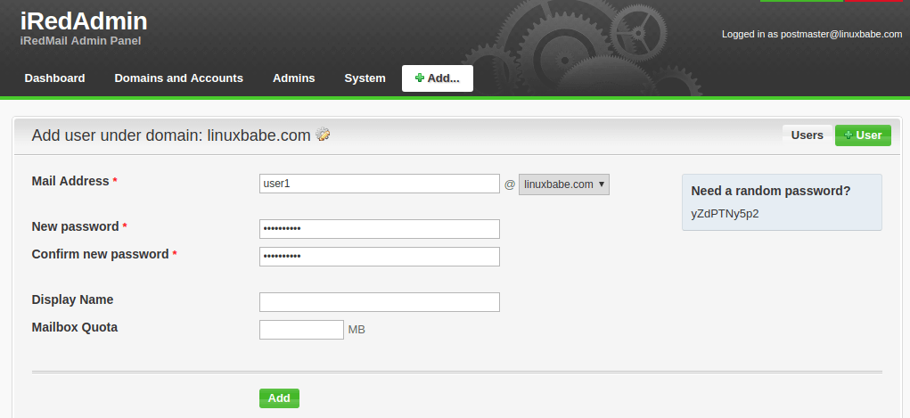 add email addresses in iredadmin