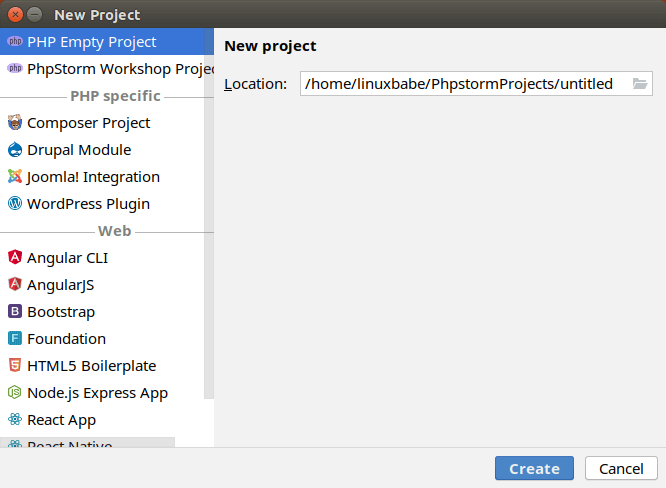 phpstorm new project