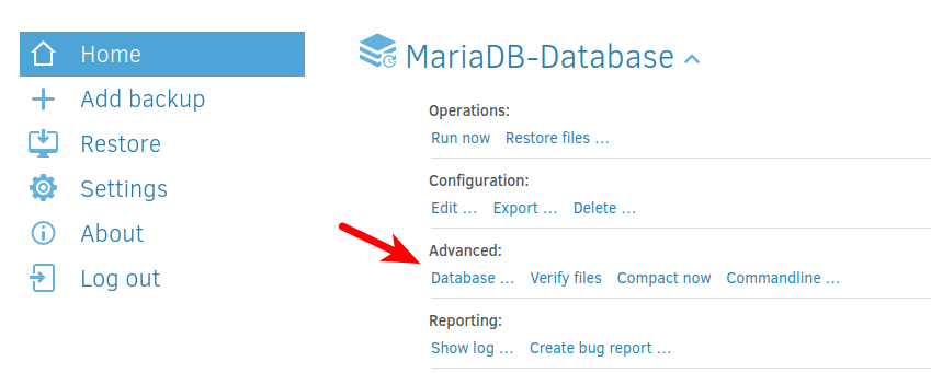 duplicati advaned database option