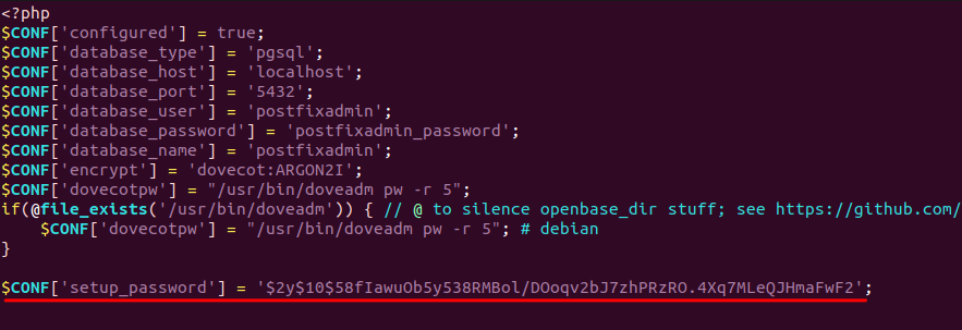ubuntu postfixadmin setup password hash