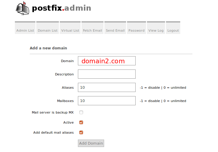 postfixadmin multiple domains