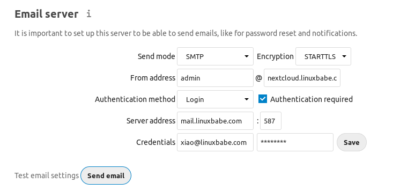 nextcloud email server send mode smtp