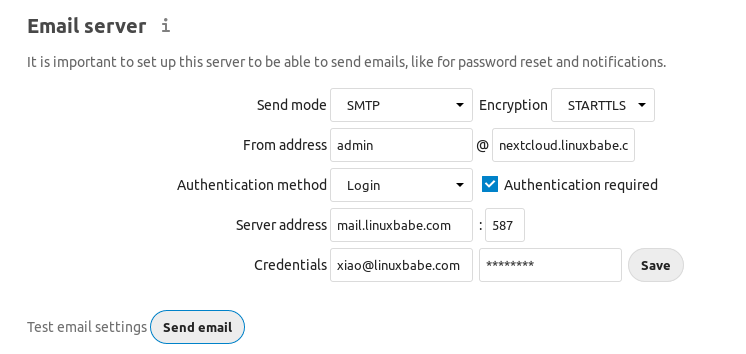 nextcloud email server send mode smtp