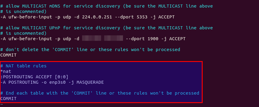 wireguard UFW NAT table POSTROUTING MASQUERADE