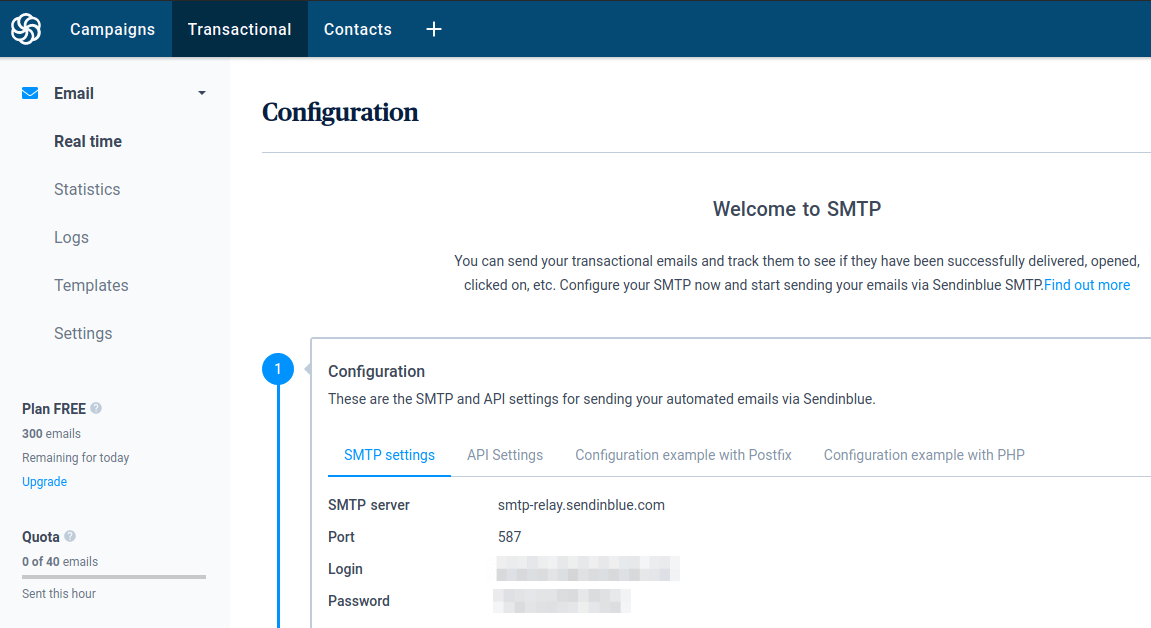 sendinblue SMTP relay settings