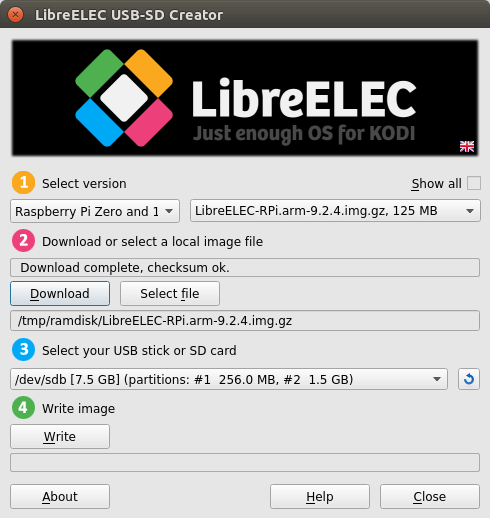 LibreELEC USB-SD Creator write image to sd card