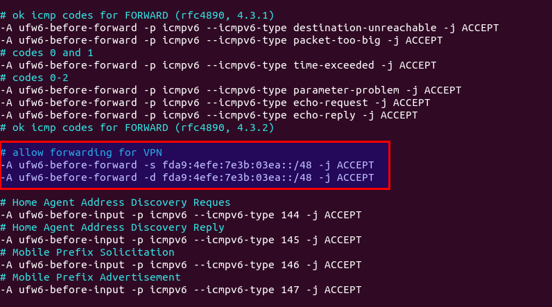 ufw allow packet forwarding for ipv6 network