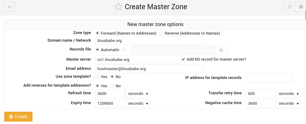 webmin bind create dns master zone