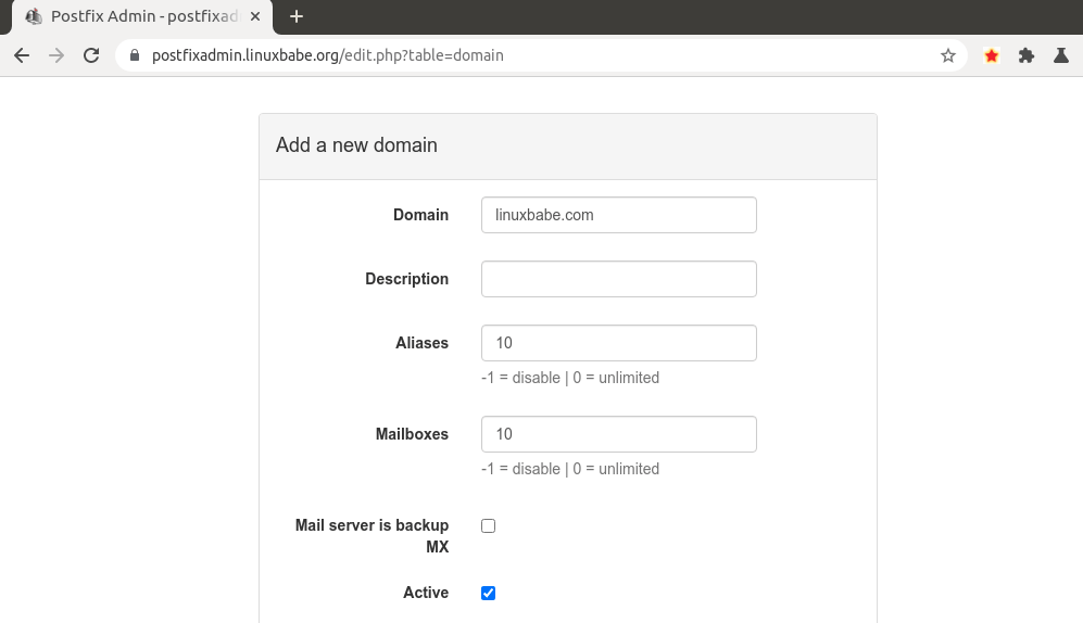 debian postfixadmin add domain