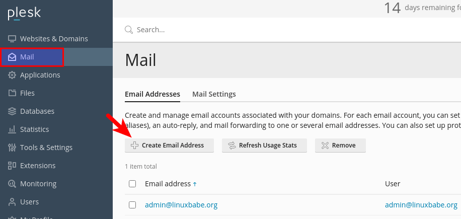 plesk create email address