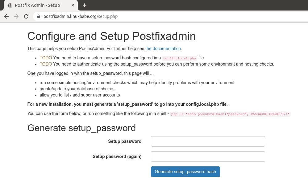 postfixadmin generate setup password