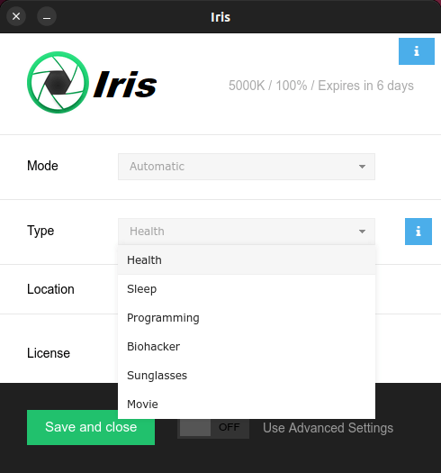 Iris settings