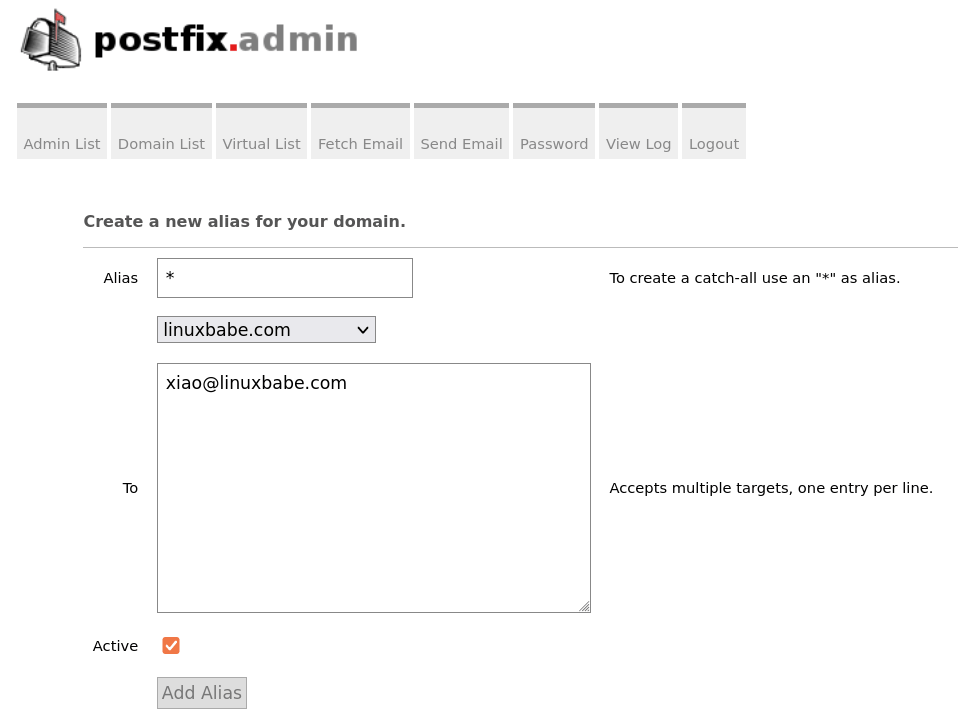 how to create catch all email address in Postfixadmin