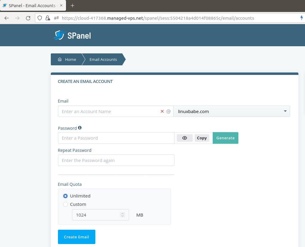 scalahosting spanel create email address