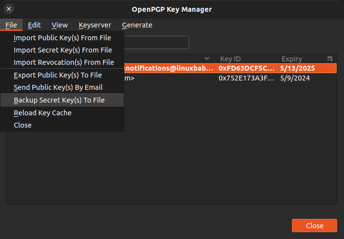 Backup Secret key(s) to File