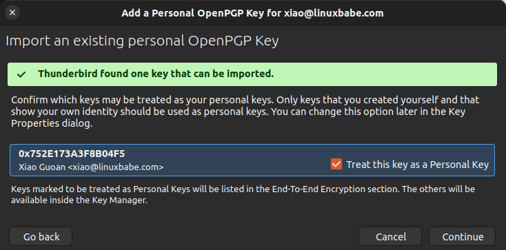 import an existing personal openpgp key