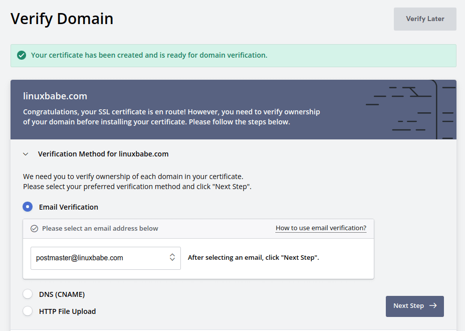 zerossl domain verification